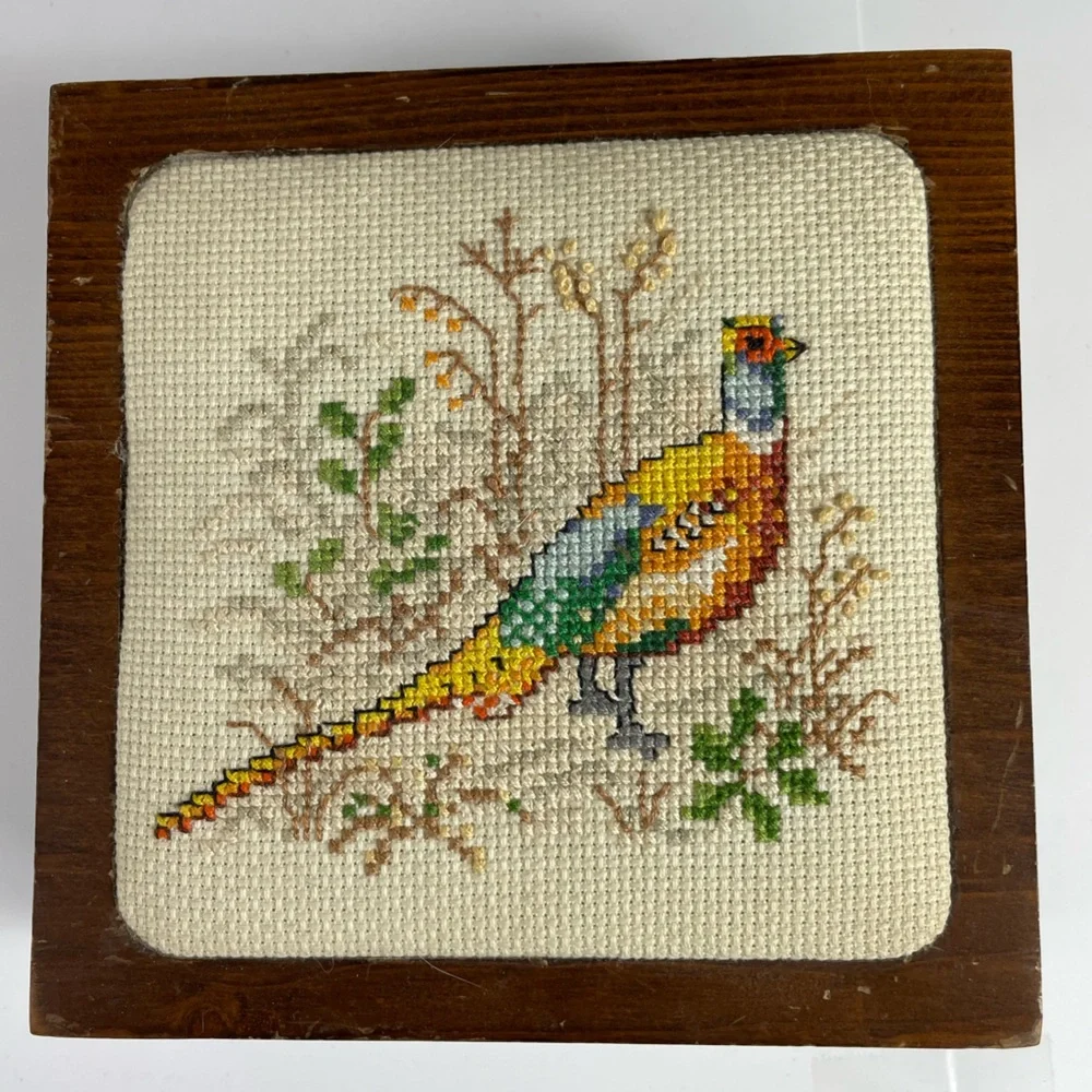 Vintage Needlepoint Pheasant Square Wooden Flip-top Treasure Keepsake Hinged Box